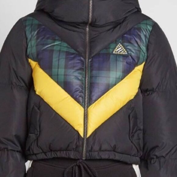 90s Fenty Rhianna Quilted Down Puffer Coat Black Plaid Colorblock Jacket Hood L - Picture 2 of 9